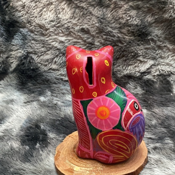Folk Art Yellow Hand Painted Clay 
Cat Piggy Bank Floral Coin Bank - Picture 4 of 15